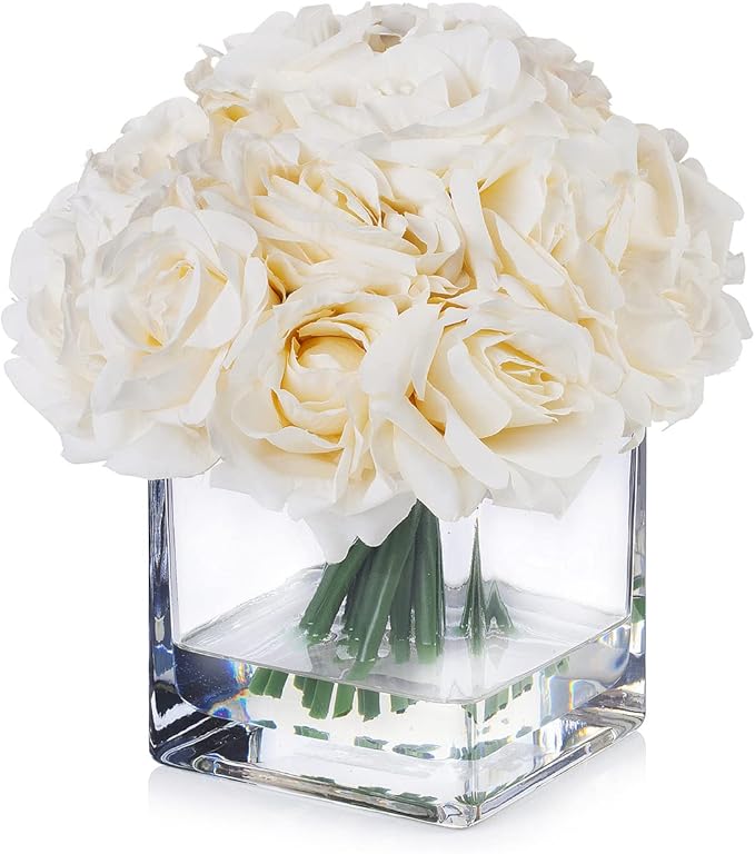 ENOVA FLORAL 18 Pieces Rose Artificial Flowers in Vase, Artificial Flowers Arrangements in Vase with Faux Water for Dining Table Decoration, Home Decor Indoor(Cream)