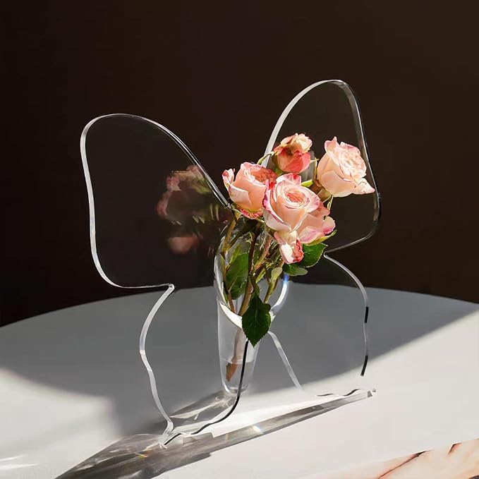 Butterfly Flower Vase - Clear Acrylic Vases for Flowers, Modern Single Rose Vase Home Decor, Unique Decorative Vases for Desktops Bookshelf Bedroom Wedding Housewarming Gifts
