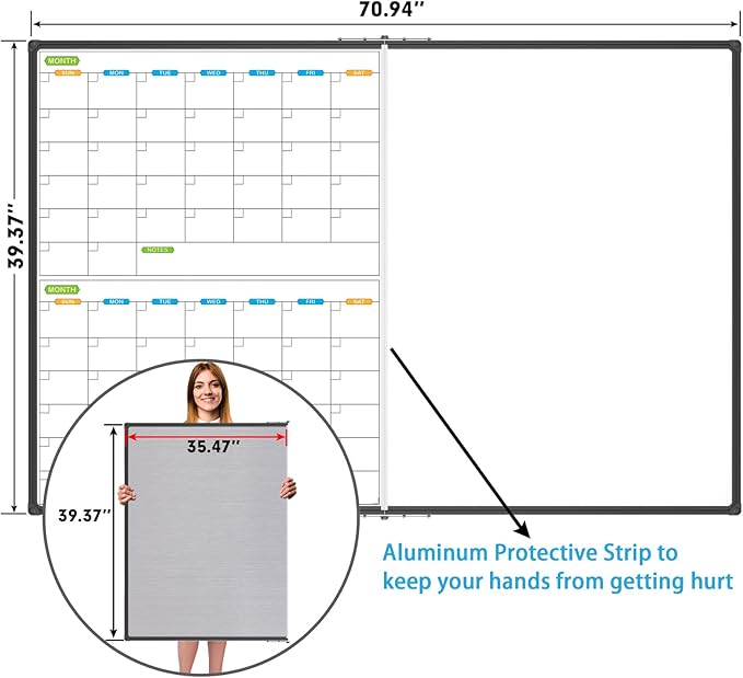 JILoffice Magnetic Foldable Dry Erase Calendar Whiteboard Combo, 2 Month Calendar Board & White Board 72 X 40 Inch, Black Aluminum Frame Wall Mounted Board for Office Home and School