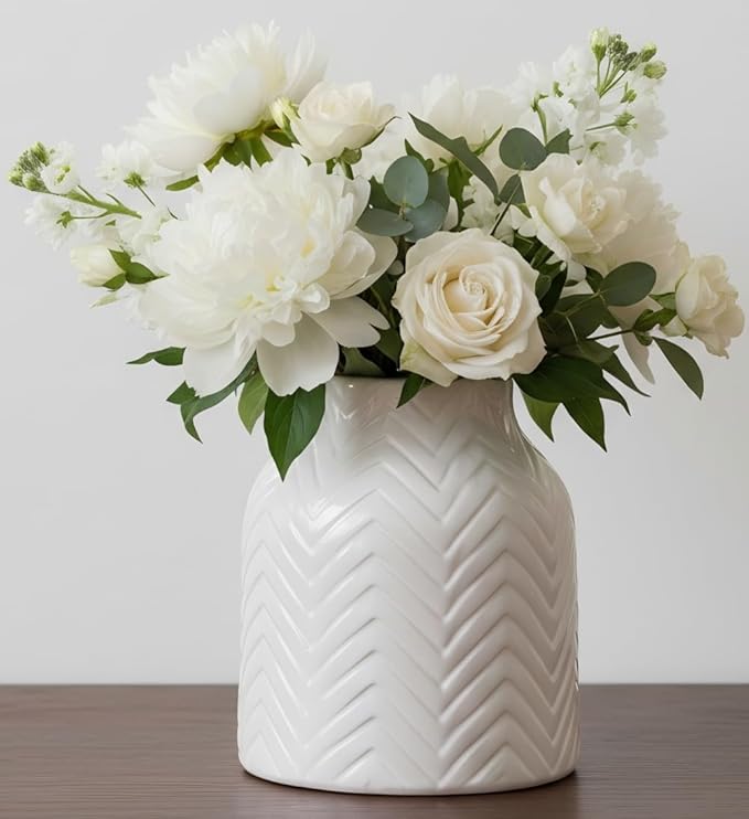 hjn White Vase for Flowers Ceramic Vase for Decor, Modern Decorative Vase, Vases for Your Kitchen/Office/Living Room/Bookshelf/Mantel - White Texture(Small)