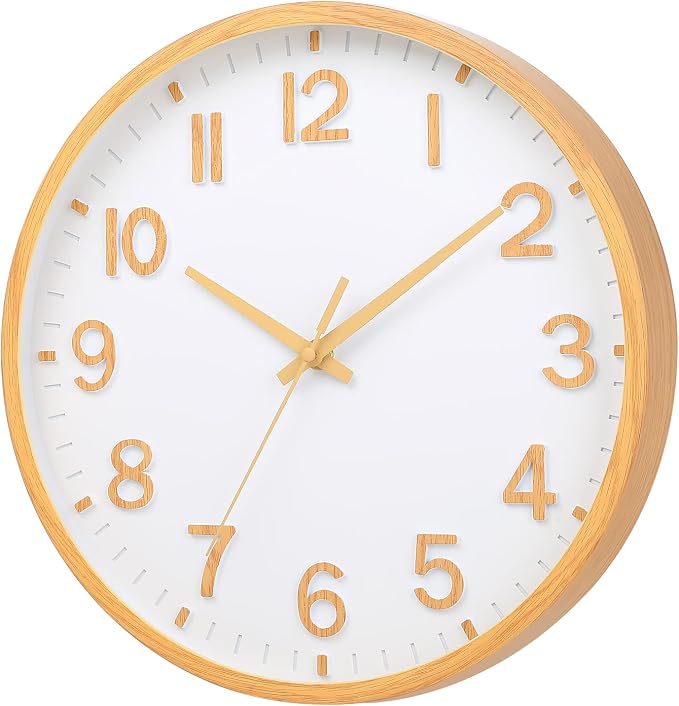 Wall Clocks Battery Operated 10 inch Modern Wall Clock,Silent Non Ticking Wall Clock for Living Room Bedroom Kitchen Office Classroom Decor (Wood Grain Yellow White)