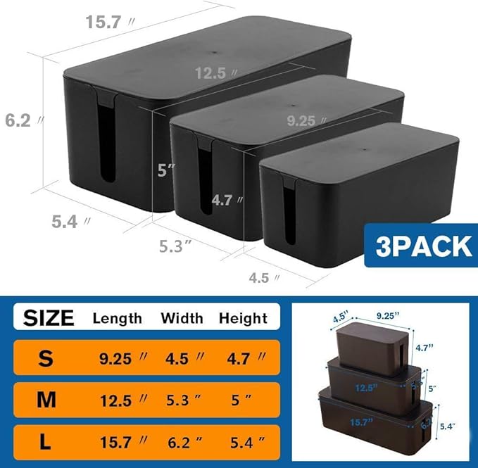 [Set of Three] Cable Management Boxes Organizer, Large Storage Wires Keeper Holder for Desk, TV, Computer, USB Hub, System to Cover and Hide & Power Strips & Cords (Black)