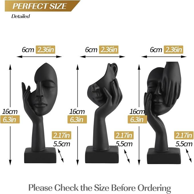 3 Pcs Thinker Small Statue Set - Black Art Abstract Decor, Modern Living Room Decoration, Knick Knacks for Shelves, Table Decor, Office Bookshelf, Shelf Side, Gift for Friends