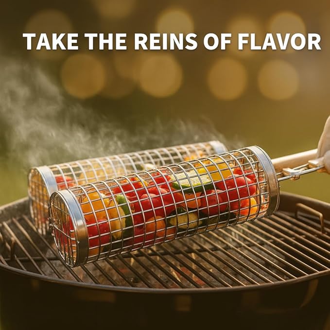 Grill Well 2.0 - Rolling Grill Basket (2 PCs) ideal as Birthday Gift for Dad who has Everything, BBQ Vegetables Grill Baskets, Outdoor Cooking Gadgets, Mens Gifts Ideas, BBQ Smoker Accessories & More