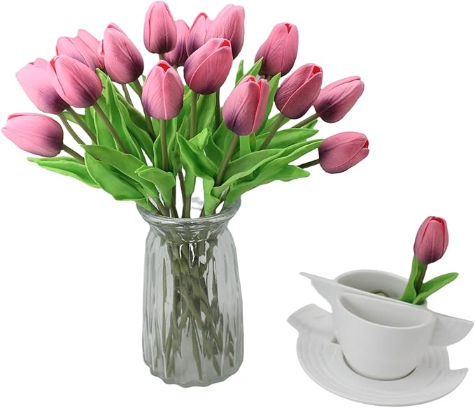 Artificial Flowers 10 Heads Mini Real Touch Artificial Tulip for Home Wedding Party Centerpiece Decoration (Dark Berry Pink)