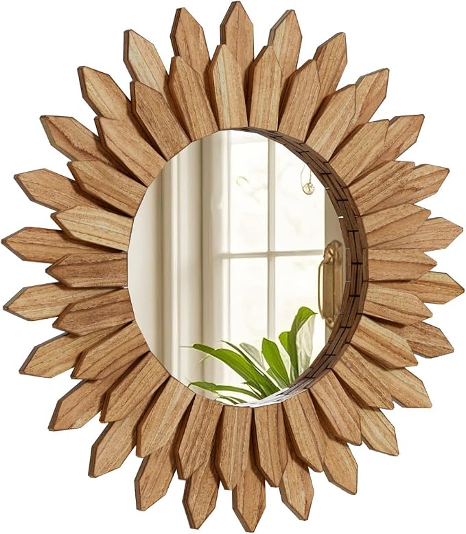 Boho Wood Sunburst Round Wall Mirror, 20 Inch Rustic Circle Wooden Frame Decorative Mirror for Farmhouse Coastal Home, Home Wall Decor for Living Room Entryway Bedroom, Light Wood