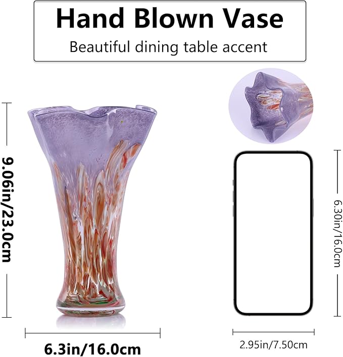 9.0" H Red Glass Vases for Flowers, Hand Blow Glass Vase Red Home Decor, Wide Mouth Blue Flower Vase Centerpieces, for Bookshelf,Dinner Table,Indoor Office Desktop,Meeting Room,Bathroom,Countertop
