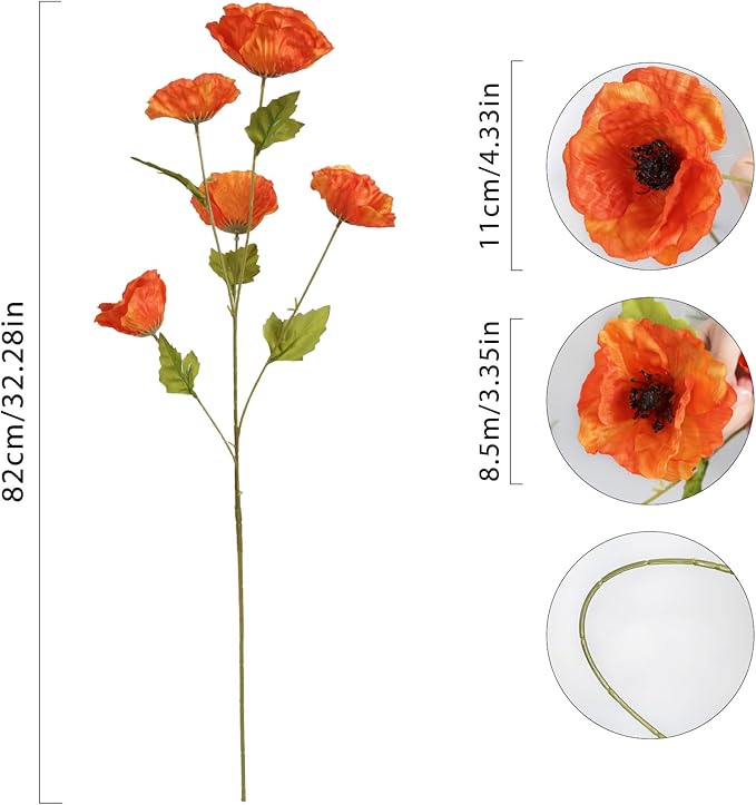 30 Heads 6 PCS Orange Poppy Flowers Artificial Flowers Silk Flowers 32 in Poppy Flowers for Wedding Home Party Table Centerpiece Arrangement Decoration (Orange)