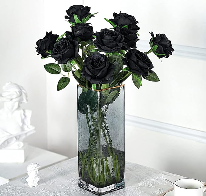 Kisflower 12PCS Black Roses Artificial Flowers Fake Roses Glitter, Silk Roses with Stems Realistic for Halloween Decorations Wedding Party Office Home Decor (Black)