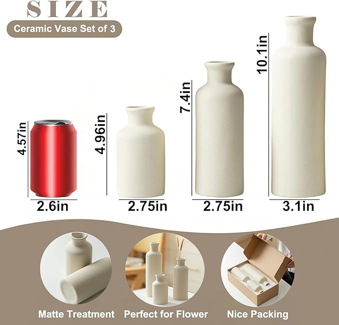 Modern Ceramic Vase Set of 3, Beige Colors, Decorative Bottles for Home, Farmhouse Rustic Decor, Housewarming Gifts, Wedding Gifts, Bridal Shower Gifts, Birthday Gifts for Women (Beige)