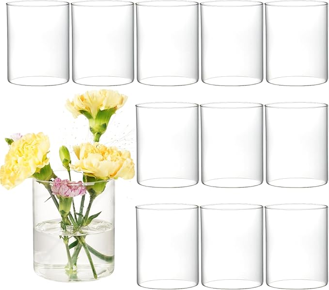 12pcs Glass Cylinder Vases for Centerpieces - 4 inch Clear Glass Flowers Vases Bulk, Hurricane Candle Holders Floating Candle Vases for Table Centerpiece Formal Dinners Home Decor