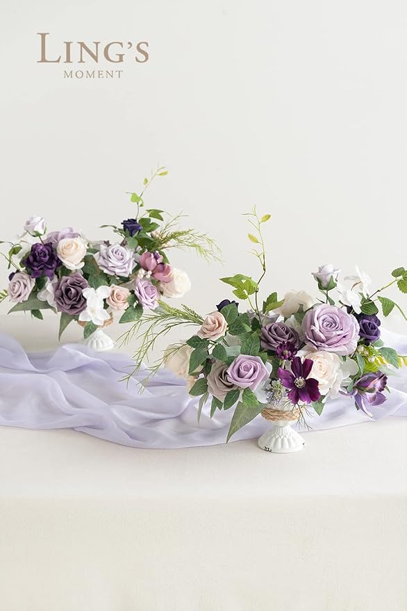 Ling's moment Lilac & Gold Artificial Flowers with Vase Wedding Decor Centerpiece Flower Potted for Ceremony Reception Tabletop Desk Flowers Mantel Archway Aisle, Light Purple Fake Flowers Set of 2