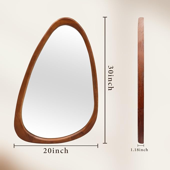 30''x20'‘Asymmetrical Mirror with Wood Frame, Small Irregular Wall Mirror Odd Shaped Mid Century Modern Mirror Decor for Bedroom Living Room Entryway Hall