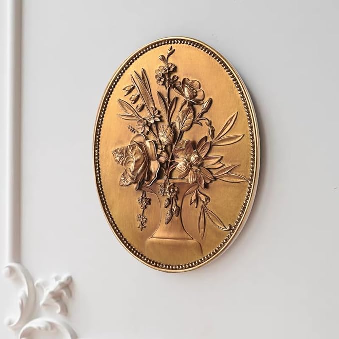 SIKOO Vintage Wall Sculptures Gold Flower Wall Art Hand Painted Ornate Wall Hanging Decoration Antique Pediment Wall Statue Ornament Decor Gallery for Kitchen Bedroom Living Room,Gold