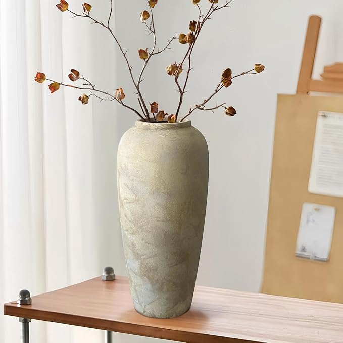 15 Inch Farmhouse Decor Ceramic Rustic Vase,Beige Handmade Flower Vases for Centerpieces,Pottery Vase for Living Room,Kitchen & Bedroom Decor,Vintage Ceramic Vases for Wedding