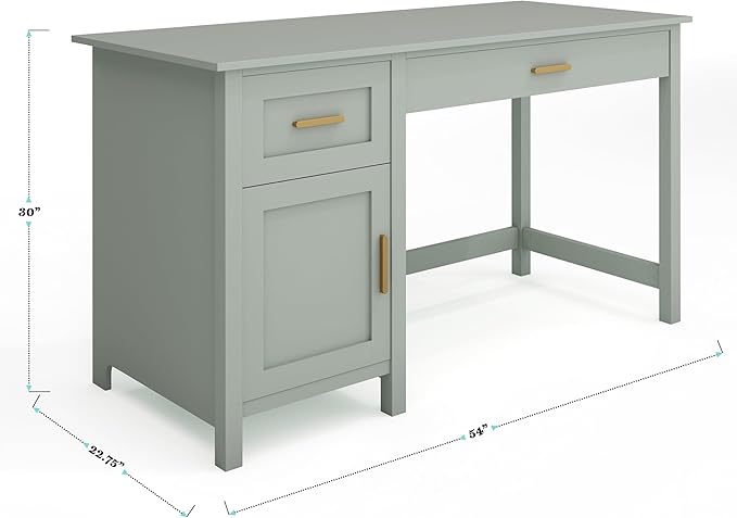 Martha Stewart Hutton Shaker Style Home Office Desk with Storage in Sage with Polished Brass Hardware