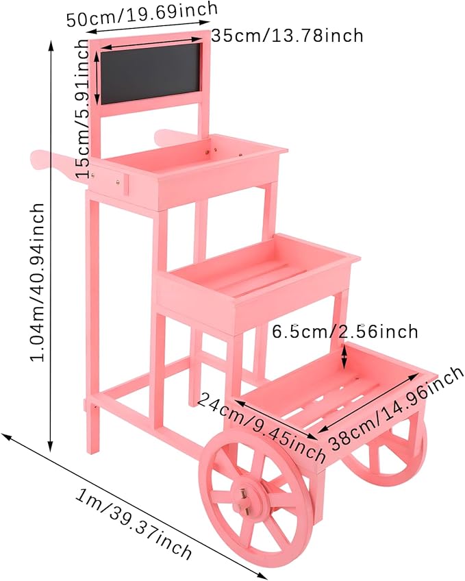 Flower Display Stand | 3-Tier Wood Flower Cart | Flower Cart Display Stand with Wheels | Ladder Shaped Plant stand | Market flower display Stand | Handle & Blackboard (Pink)