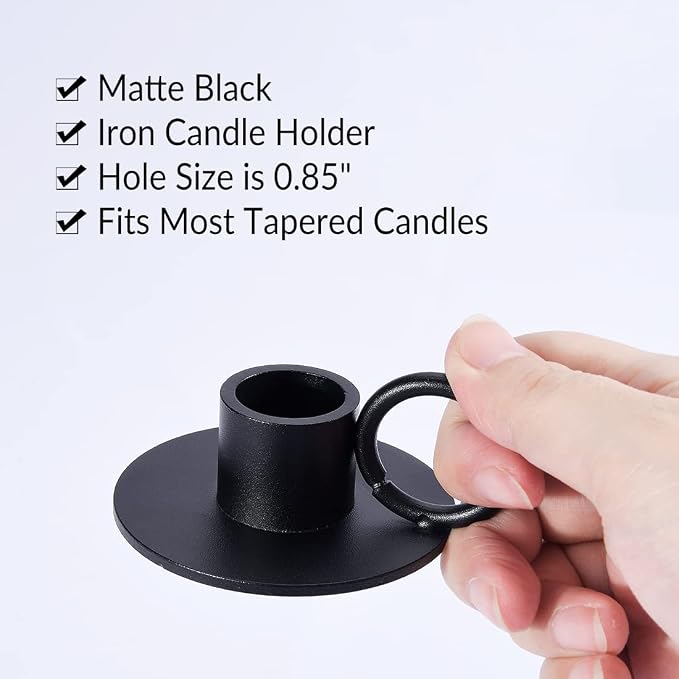 4PCS Black Taper Candle Holders with Round Handle, Matte Iron Candlestick Holders Centerpieces for Home Decoration, Wedding Anniversary, Party, Housewarming Gifts.