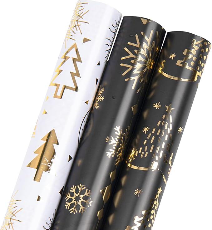 Linnoptimix Christmas Wrapping Paper Rolls -3 LARGE ROLL-27inch*78 inch per roll Colorful Foil (Christmas 2 Black/Gold + 1 White/Gold（003）)