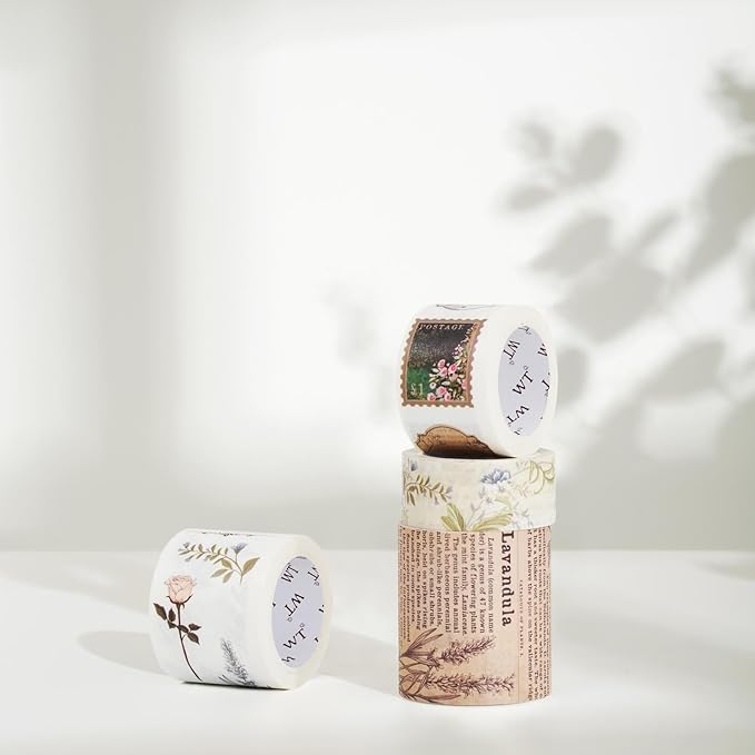 WT Petals & Parchment Washi Sticker Tape Set, 4 Rolls, Original Vintage Floral Designs, Decorative Masking Tape for DIY Crafts, Journaling, Scrapbooking, Planners, and Adhesive Paper Stickers