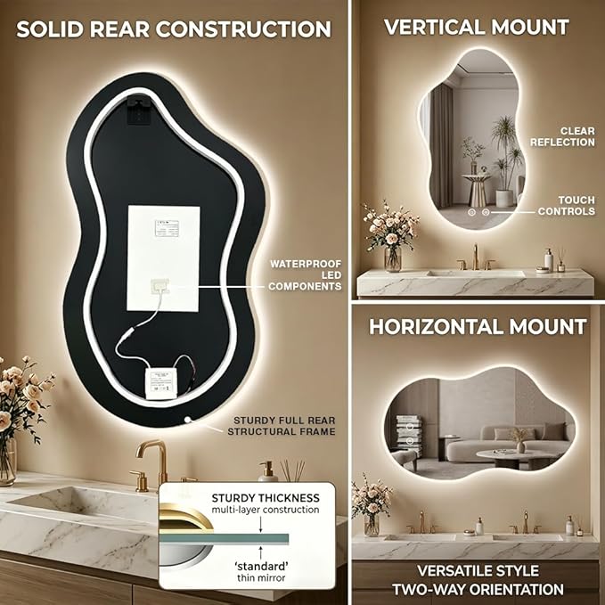 Irregular Backlit Bathroom Mirror with Lights 40 x 24, Asymmetrical Cloud Led Lighted Vanity Mirror for Wall, Anit-Fog, Dimmable, (Horizontal/Vertical)
