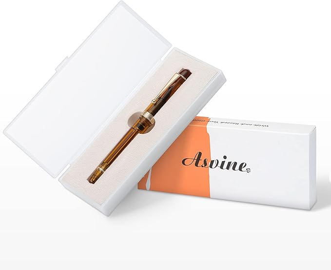 Asvine V126 Vacuum Filling Fountain Pen, Transparent Brown Acrylic Stub Nib 1.1mm Calligraphy Art Drawing with Case Set