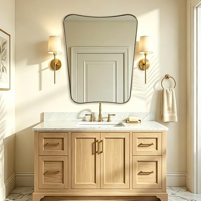 ANDY STAR Brushed Brass Mirror, 30"x36" Mirrors for Bathroom Sink, Champagne Bronze Scalloped Mirror in Rust-Proof Stainless Steel Frame, Buterfly Shaped Design Ideal for Bathroom Remodel