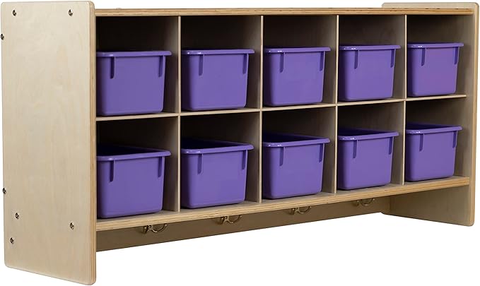10 Section Montessori Cubby Wall Mounted Shelf with Purple Containers for Daycare Storage, Organizing Toys, School Art & Craft Supplies