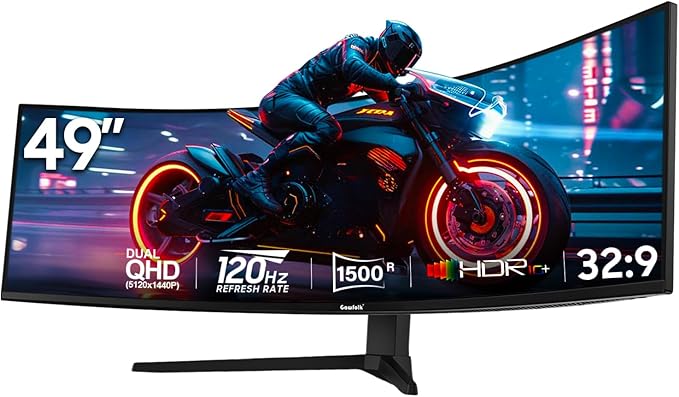 Gawfolk 49 Inch Curved Gaming Monitor, 5120x1440 Dual QHD, 120Hz, 1500R, AMD FreeSync, 32:9, Height Adjustable Ultra-Wide Computer Screen for Multitasking