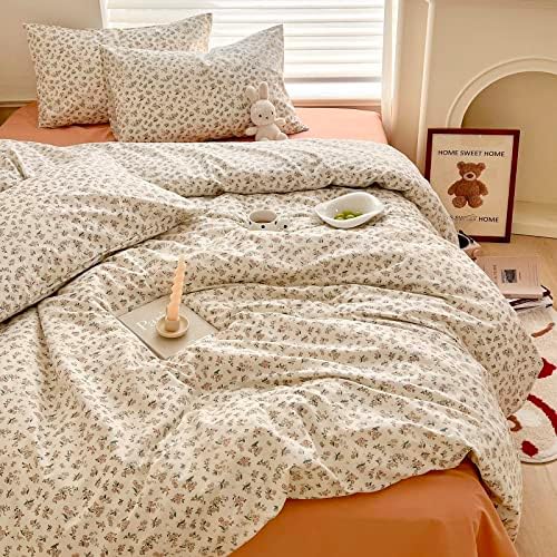 EAVD Garden Style Small Floral Duvet Cover Queen Soft 100% Cotton Chic Shabby Garden Floral Bedding Set with 2 Pillowcases Vintage Style Botanical Duvet Cover with Zipper Closure