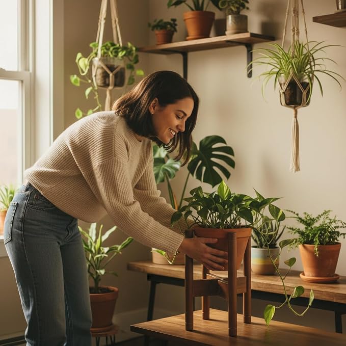 Adjustable Plant Stand for 8–12 Inch Pots, Solid Acacia Wood, Mid-Century Modern Indoor Outdoor Planter Holder with Stainless Steel Screws, Natural Brown (Pot & Plant Not Included)