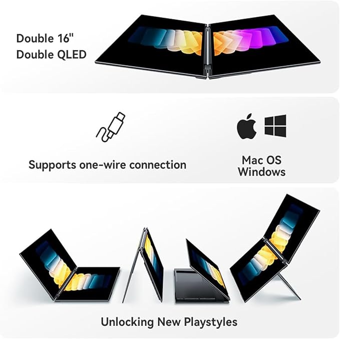 EHOMEWEI X1 Portable Foldable 2K Dual Monitor, 16"*2 Laptop Expansion Screens 60Hz 1920 * 1200 sRGB, 100DCI-P3 HDR for Working/Gaming/Travel, Phone/Switch/Windows MacOS