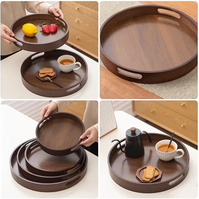 11.8 Inch Rustic Wood Serving Tray with Handles-Small Round, Decorative Tray for Kitchen Living Room Coffee Table Candle Display Breakfast in Bed, Multi-Functional Food & Beverage Tray Farmhouse Style