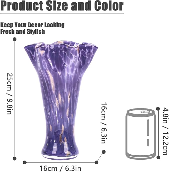 9.8" Tall Purple Hand Blown Glass Vases for Home Decor,Modern Wide Mouth Ruffle Flower Vase Table Centerpieces,Colored Coastal Sea Glass Art for Bookshelf,Bathroom,Counterto,Wedding