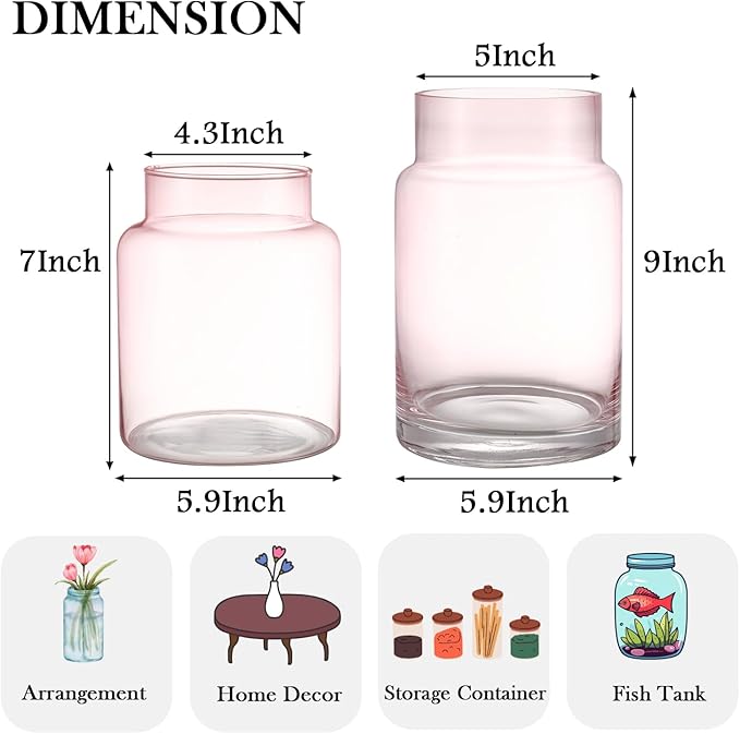 Large Glass Vase, Pink Glass Vase Set of 2, Large Flower Vases for Bouquet, Tall Wide Mouth Vases for Flowers, Home, Wedding, Living Room, Office Decor, 7"+9"