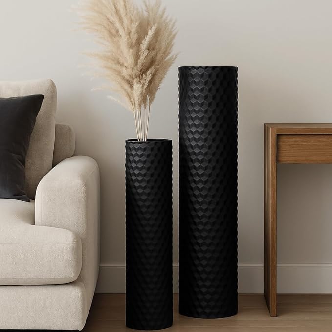 Leewadee Black Tall Floor Vase, Set of 2 Decorative 24/19″ Large Black Vases from Metal for Home Decor Living Room, Style with Pampas Grass for Modern, Vintage, Rustic or Farmhouse Room Decor