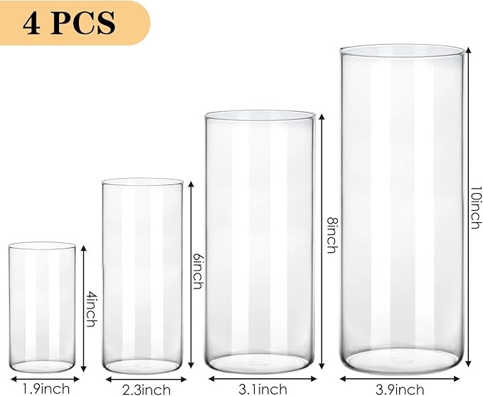 Fixwal 4pcs Clear Glass Cylinder Vases, 4, 6, 8, 10 Inch Tall Cylinder Vases for Centerpieces, Glass Flower Vase Floating Candle Holder Vase for Table Shelf, Party, Wedding, Home Decor