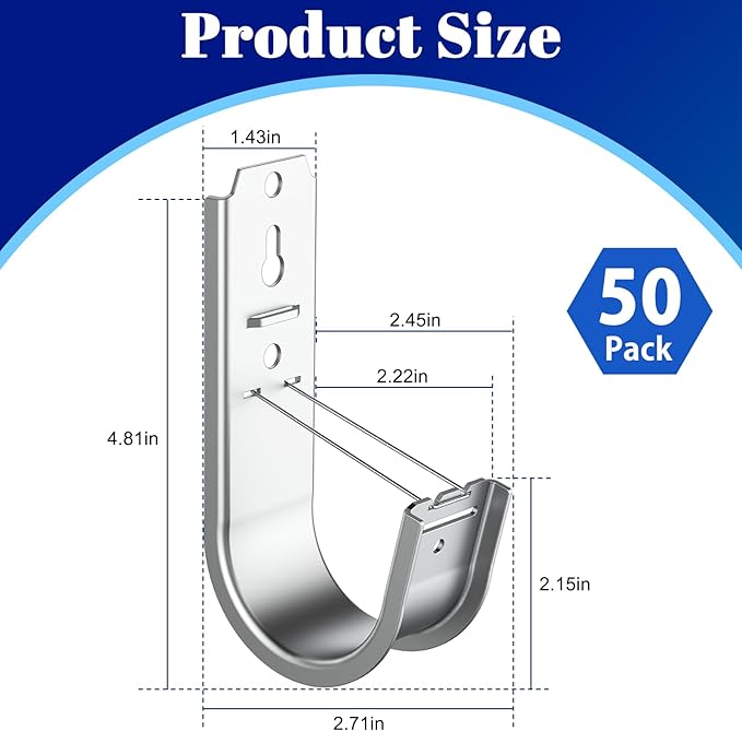 ForoGore 50 Pack 2 Inch J Hook Wall Mount J Hook with Retainer Clip Galvanized Steel Wall Cable Hooks Smooth Round Edge J Hook for Hanging Wire Cable Management & Organization Solution
