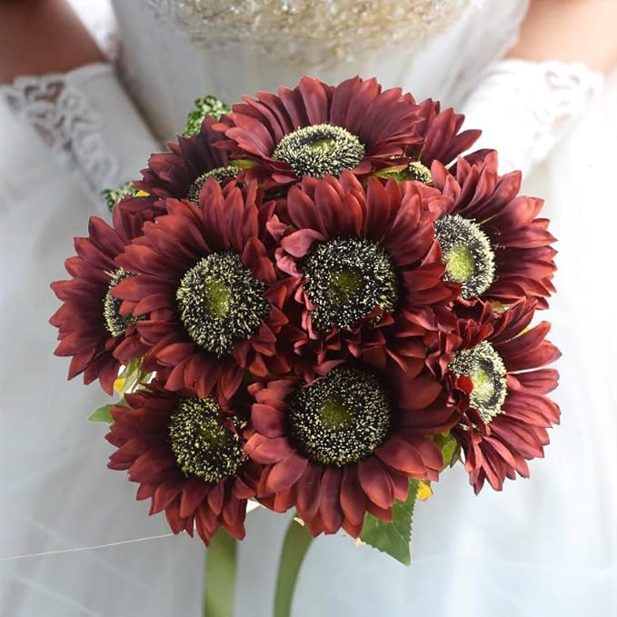 Red Artificial Sunflower Flowers 8 Pcs Single Long Stem Silk Fake Sunflowers Bridal Wedding Bouquet Fake Yellow Flower Arrangements for Outdoor