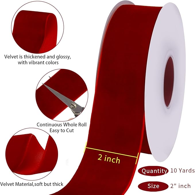 10 Yards Red Velvet Ribbon 2 Inch for Christmas Tree,Reds Velvet Christmas Ribbon for Gift Wrapping Crafts Bow Wreath Holiday Decorations (Red)