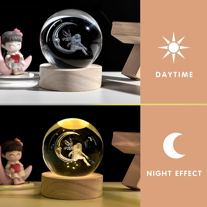 3D Fairy Crystal Ball with LED Stand, Fairies Figurines Lamp Night Light, Fairy Moon Decor Glass Sphere Balls Gifts for Women Girls Mom Kids(60mm)