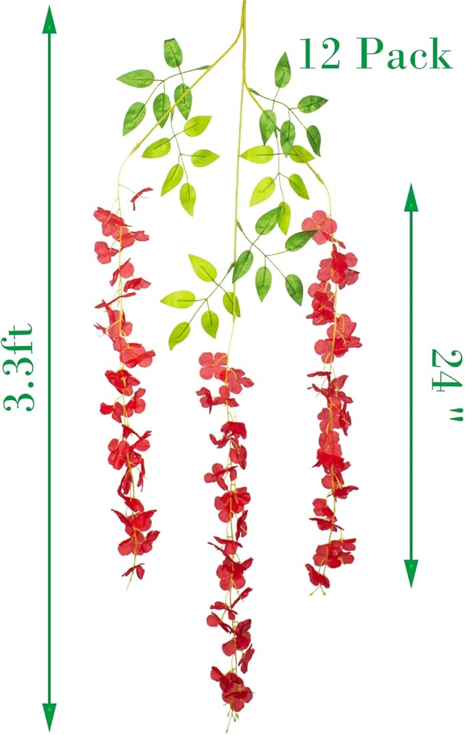 12 Pack Artificial Flowers Silk Wisteria Vine Ratta Hanging Flower (Red)