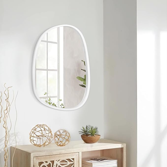 Asymmetrical Mirror Irregular Wall Mirror Oval Wood Frame Wall Mirror for Bathroom Wall Mirrors Decorative for Bedroom Living Room Entryway Hallway Unique Hanging Mirror White