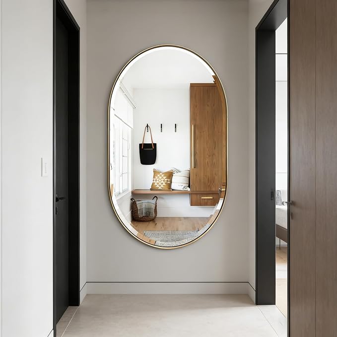 POZINO Oblong Beveled Mirror, 48"x28" Modern Bathroom Vanity Mirror Over Sink, Pill Shaped Capsule Wall Mounted Mirrors for Living Room Bedroom Entryway, Hangs Vertically or Horizontally