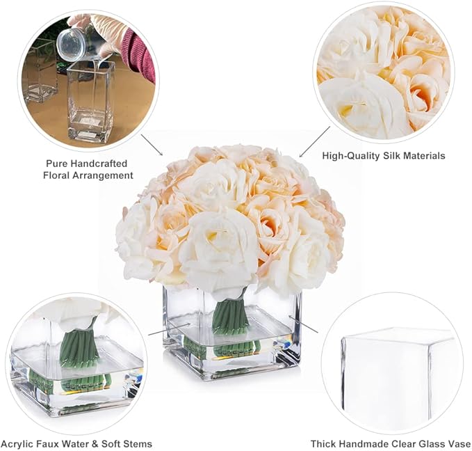 ENOVA FLORAL 18 Pieces Rose Artificial Flowers in Vase, Fake Flowers in Vase with Faux Water for Wedding, Dining Table(Cream Beige)