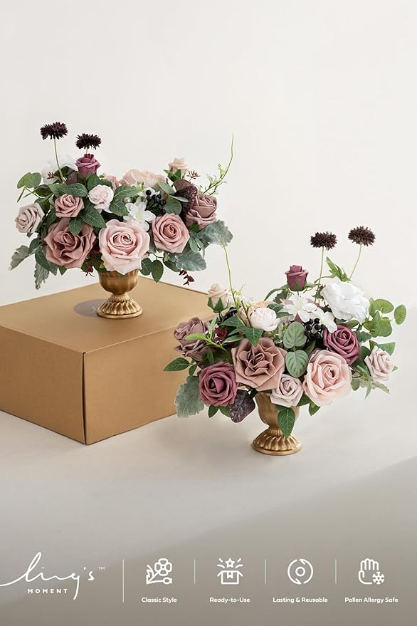 Ling's moment Dusty Rose & Mauve Artificial Flowers with Vase Wedding Decor Centerpiece Flower Potted for Ceremony Reception Tabletop Desk Flowers Mantel Archway Aisle, Fake Flowers Set of 2