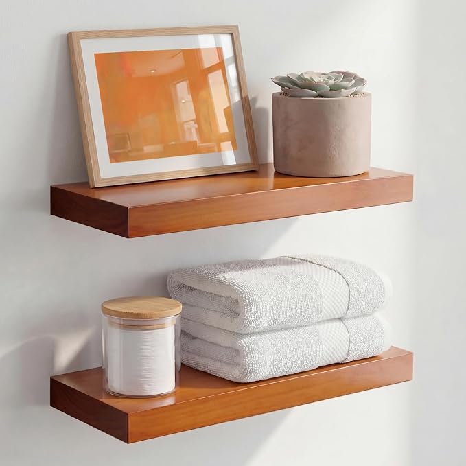 Homeforia 16 inch Oak Floating Shelf, High End Solid Real Wood 16inch Small Floating Shelves for Wall Mounted, Honey Oak Wooden 16in Floating Shelves, Heavy Duty Bracket, 16 X 6.5 X 1.75 in, Set of 4