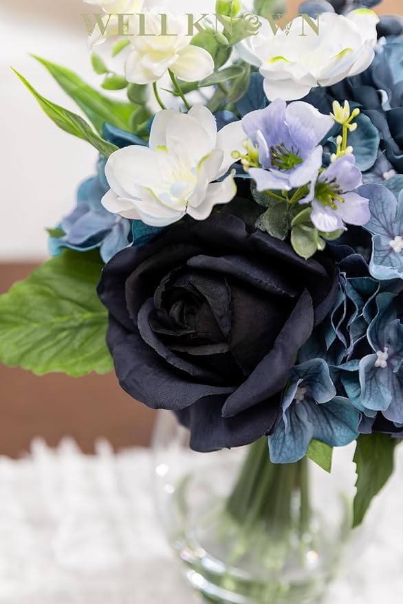 WELL KNOWN Fake Flowers in Vase with Fake Water, Realistic Faux Silk Blue Rose Hydrangea Artificial Flowers Indoor Arrangements Centerpiece for Coffee Table Wedding Party Fall Home Decor (Navy Blue)
