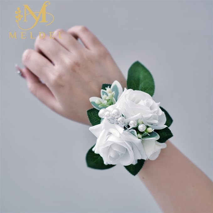 Meldel White Ivory Rose Prom Wrist Corsage for Wedding, Set of 6, Bridesmaid Bridal Hand Flowers Corsage for Prom, Wrist Flower for Wedding Ceremony Anniversary, Dinner Party, Rustic Vintage Wedding