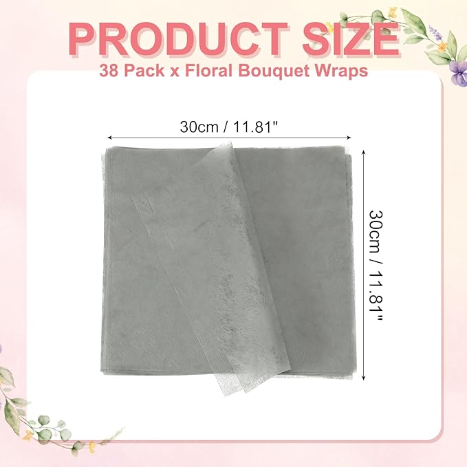 YELARXI Flower Wrapping Paper, Cotton Wrapping Flower Paper, Non-Woven Waterproof Floral Bouquet Wraps - Fitting for (Florist Supplies/Gift) 11.8 x 11.8 Inch & 38 Pack & Gray